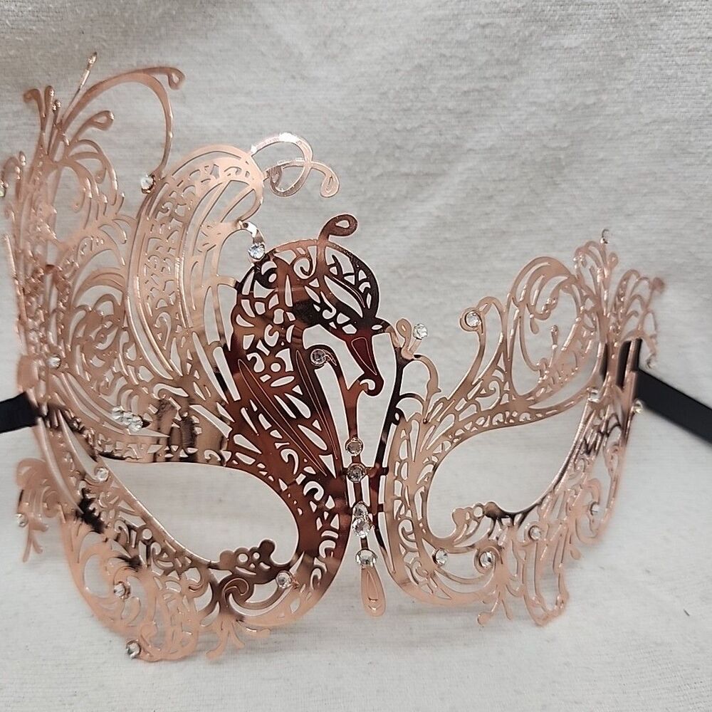 Mask Venetian Beistle Rhinestoned Swan Filigree Laser Cut Masquerade Rose Gold